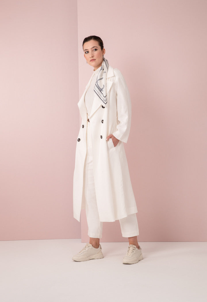 Choice Double Breasted 6-Button Notched Lapel Trench Coat Off White