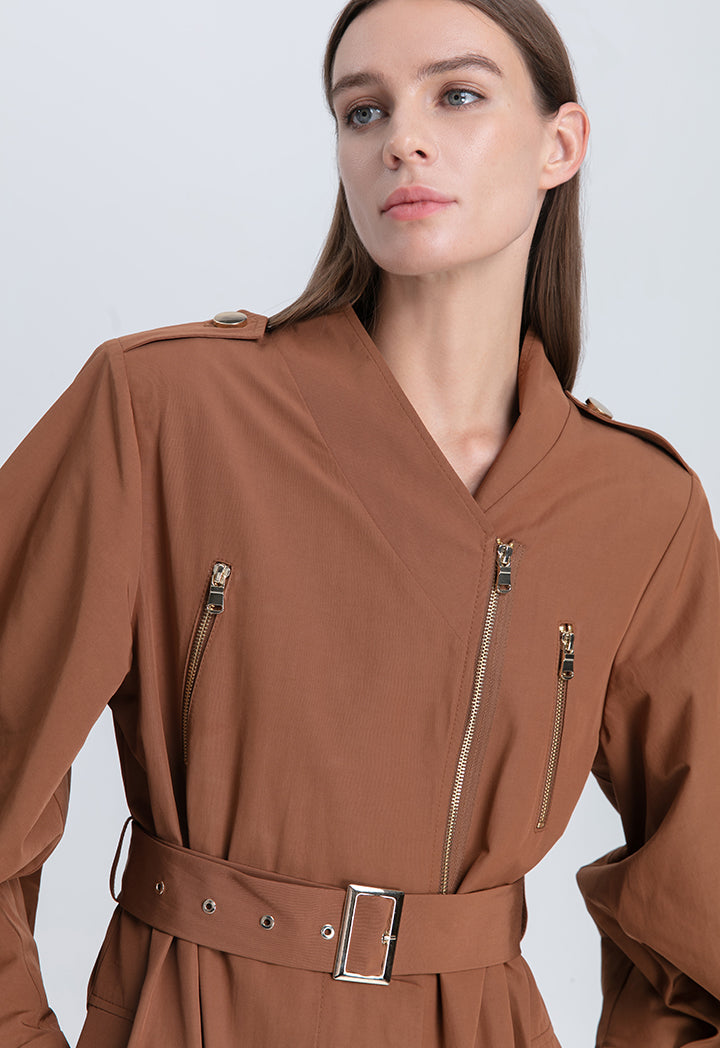 Choice Solid Color Belted Cuffed Sleeve Trench Coat Tabacco