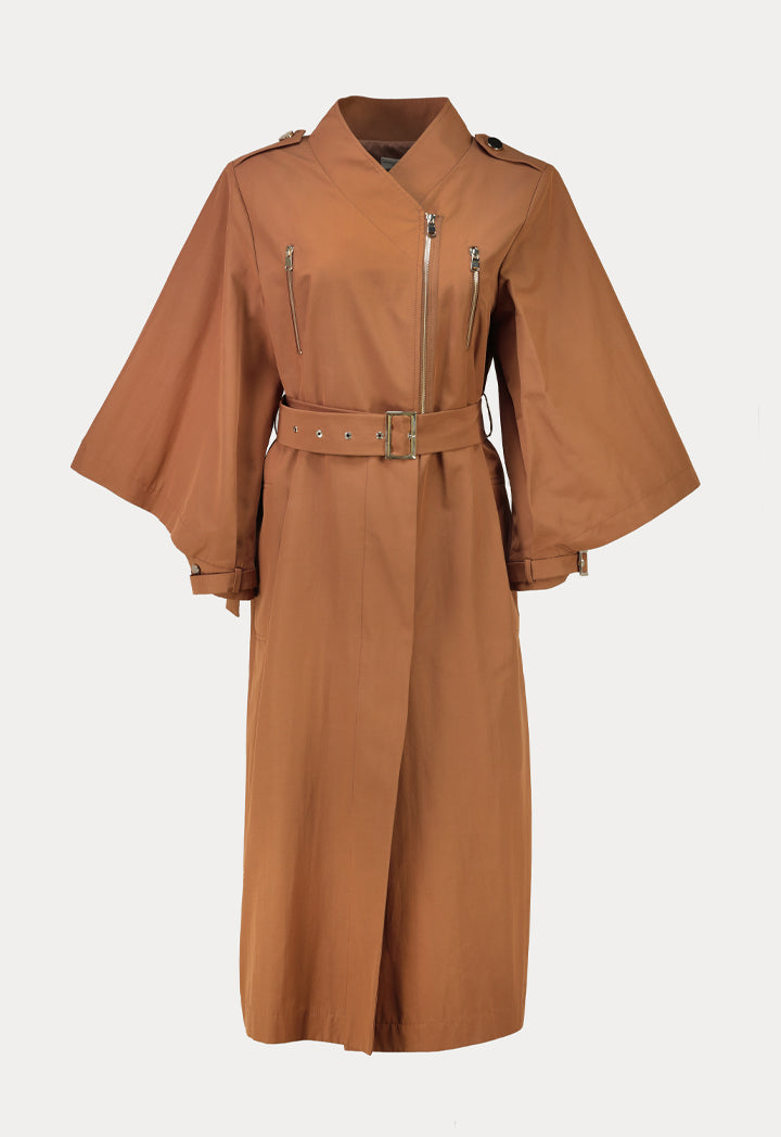 Choice Solid Color Belted Cuffed Sleeve Trench Coat Tabacco