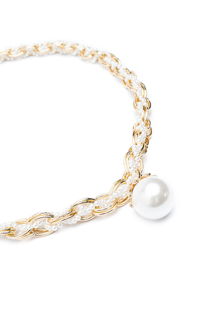 Choice Two Tone Chain Link Twist Braid Pearl Rhinestone Necklace Offwhite-Gold