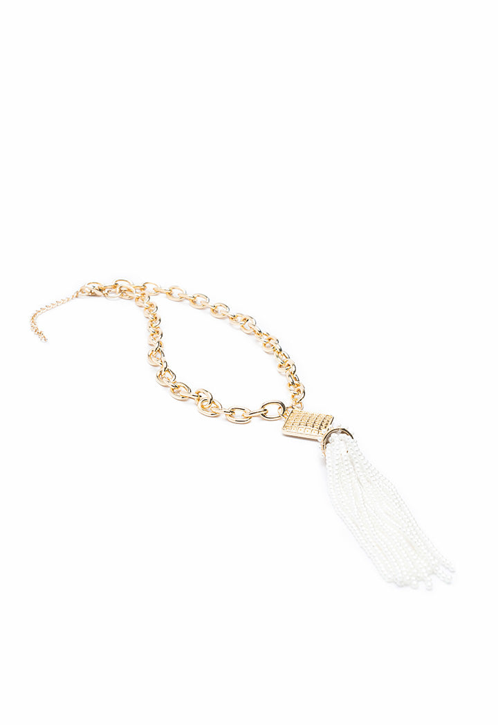 Choice Gold Tone Chain Link Beaded Tassel Choker Offwhite-Gold