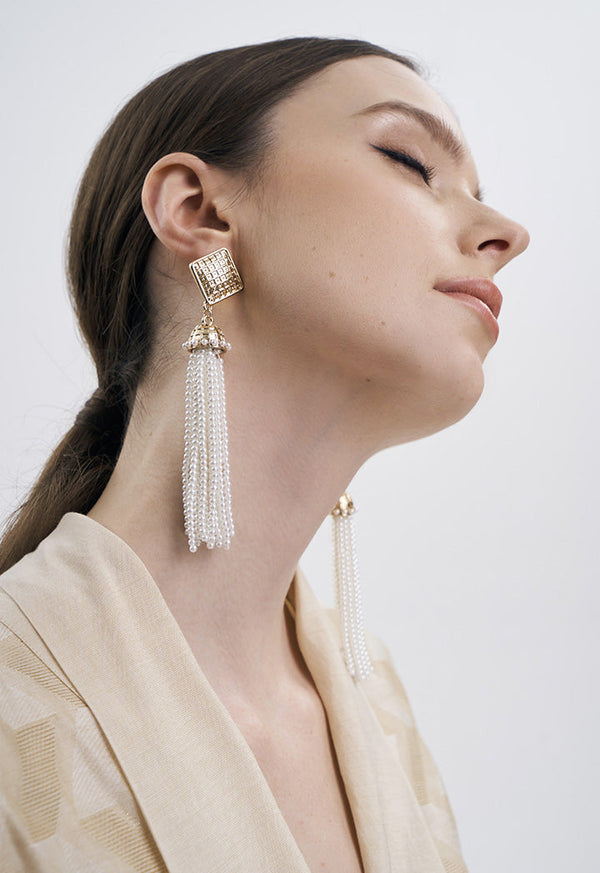 Choice Pearly Beaded Tassel Earrings White-Gold