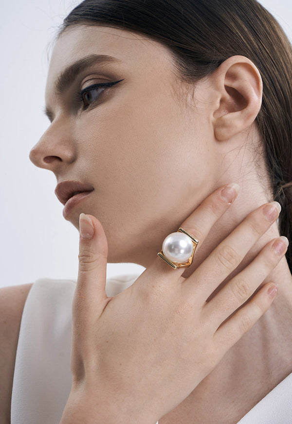 Choice Pearl Gold Tone Solid Ring White-Gold