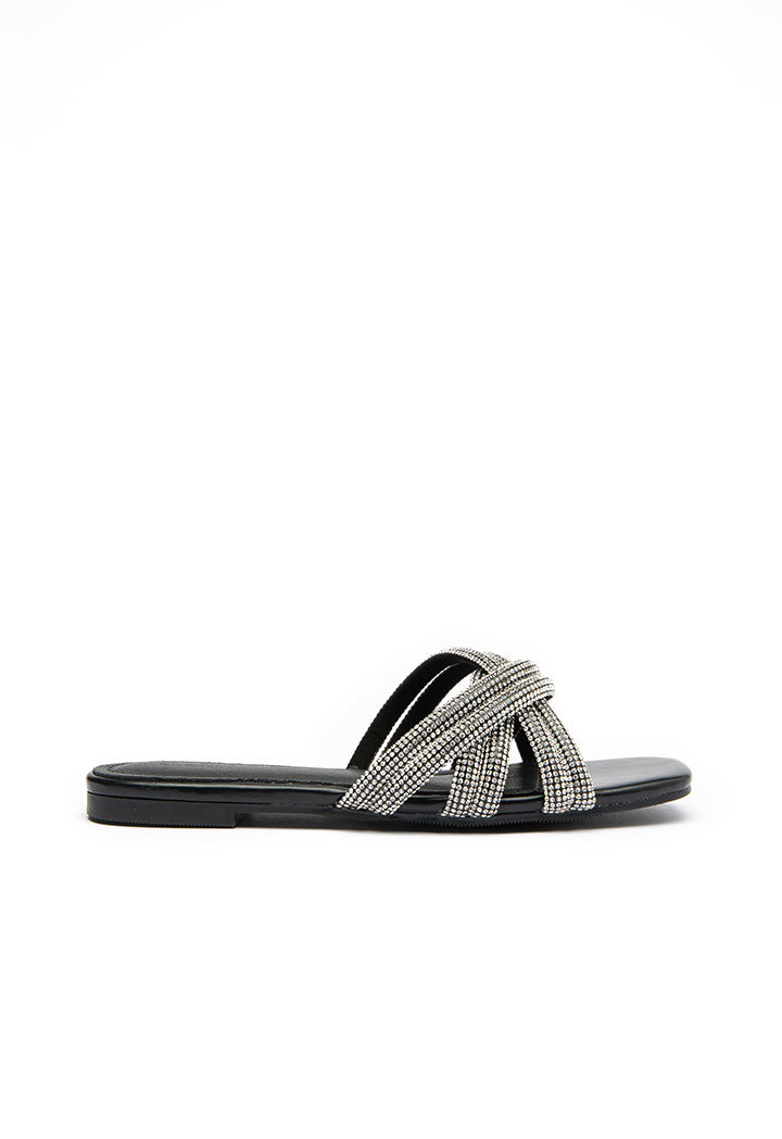 Choice Rhinestones Crisscross Vamp Slides Sandals Silver/Black