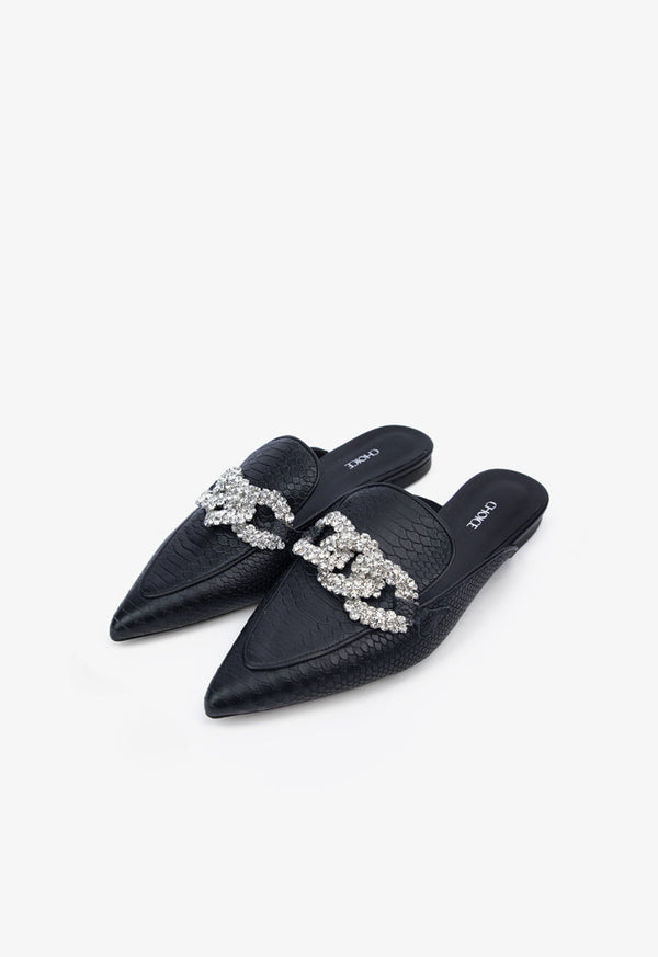 Choice Embellished Snake Textured Leather Mules Black