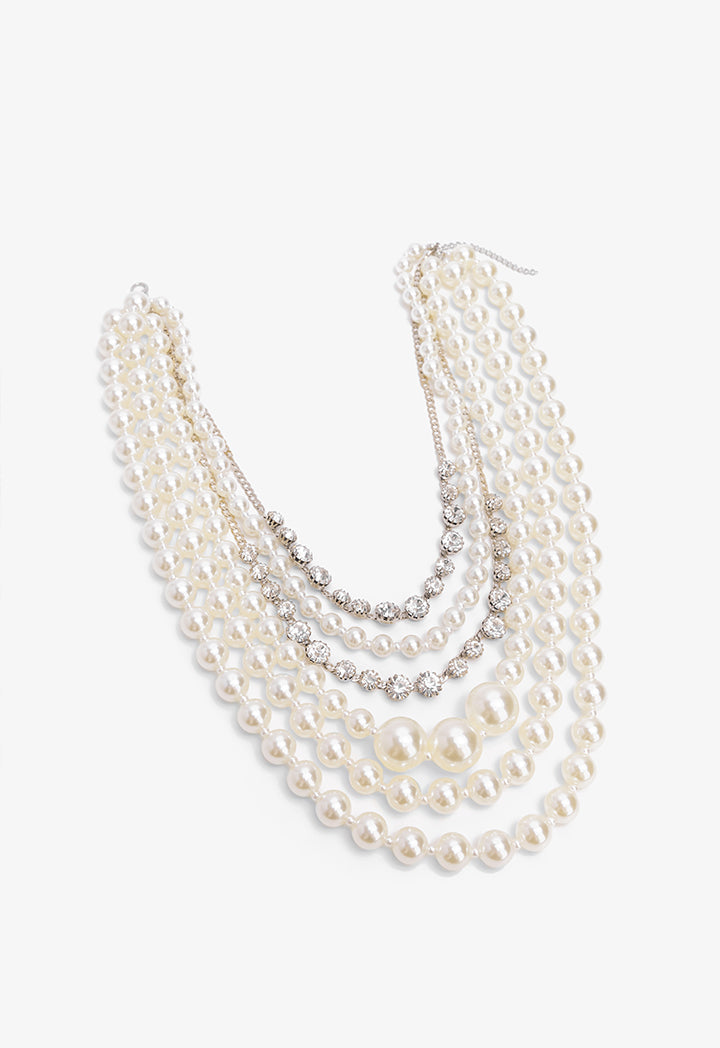 Choice Chunky Crystal Embellished Faux Pearls Necklace Off White