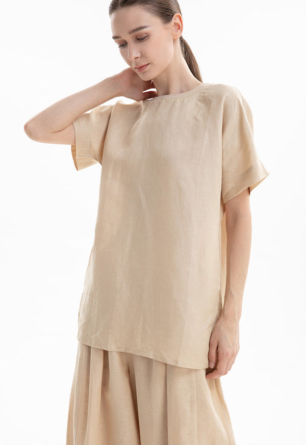 Choice Solid Basic Ribbed Crew Top Beige