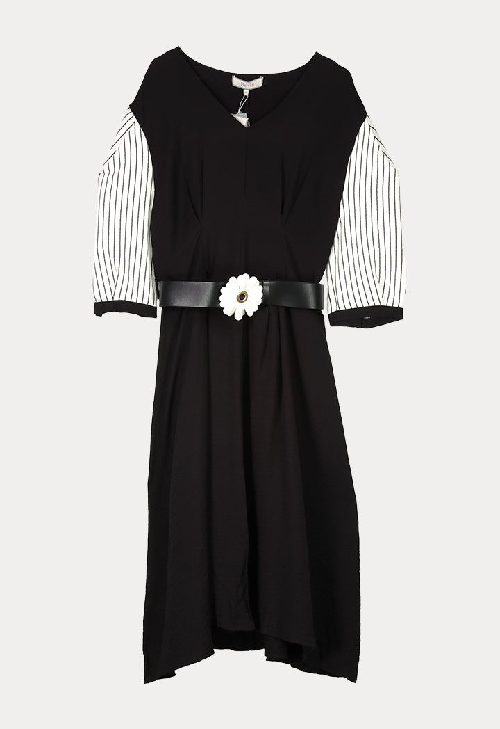 BERRIN Long Sleeve Pleated Belted Dress BLACK