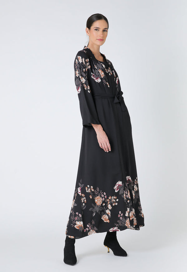 Choice Floral Print Open Front Maxi Abaya Black