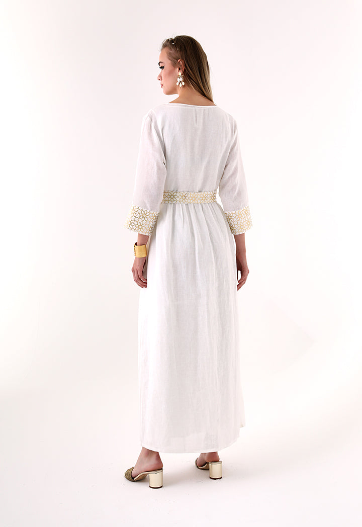 Choice Geometric Gold Print Abaya  Offwhite - Wardrobe Fashion