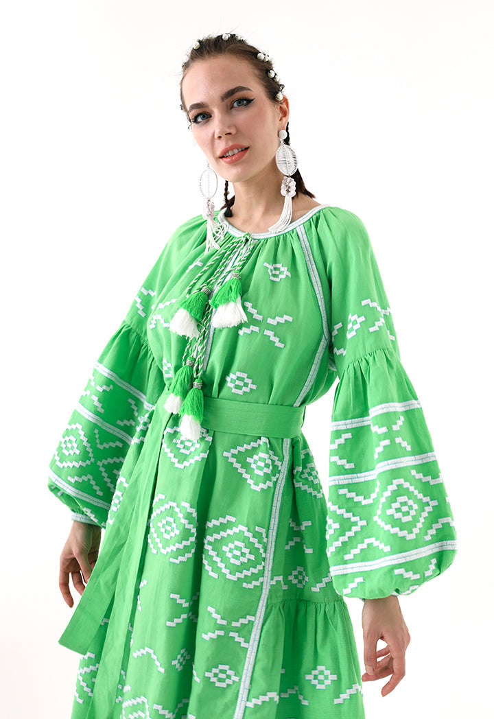 Choice Embroidered Linen Midi Dress Green - Wardrobe Fashion