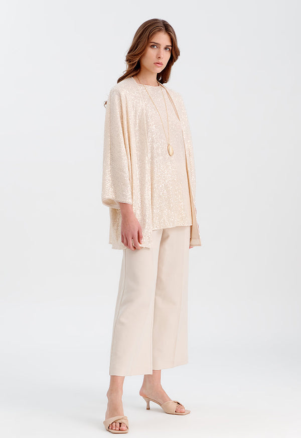 Choice Front Open Sequenced Short Kimono Beige