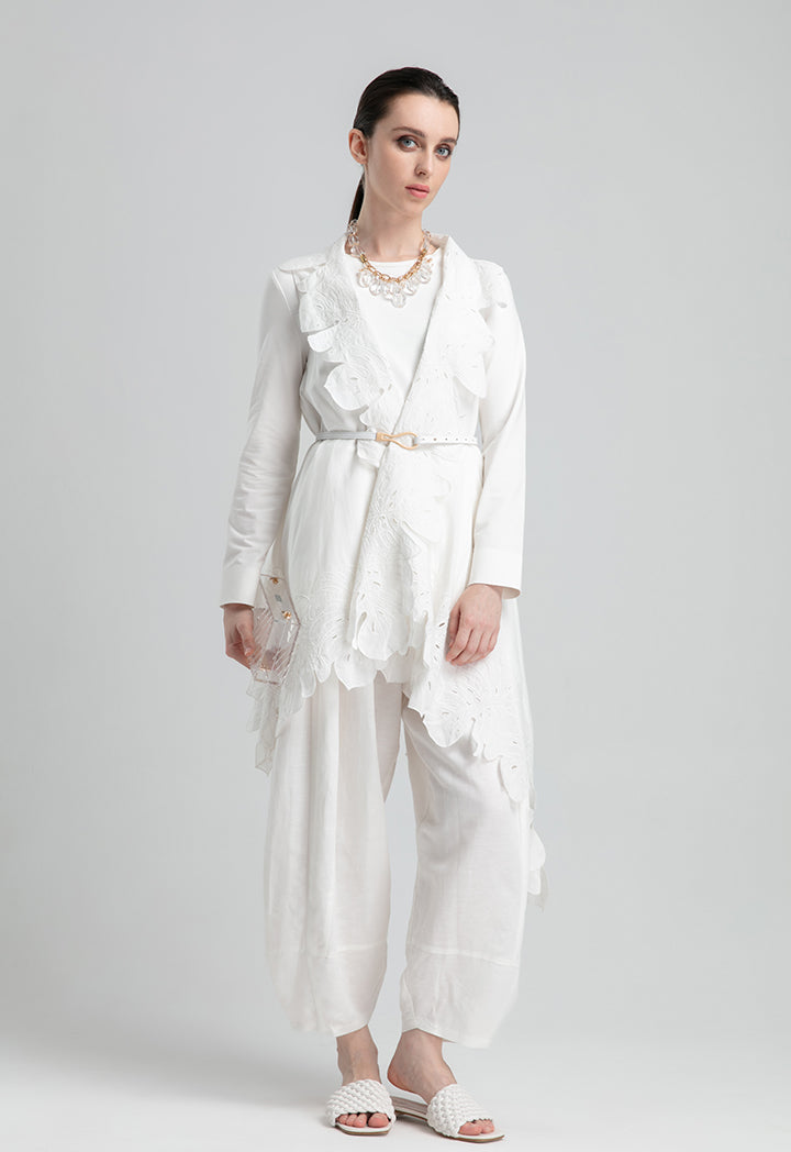 Choice Linen Cutout Embroidered Sleeveless Outerwear Off White