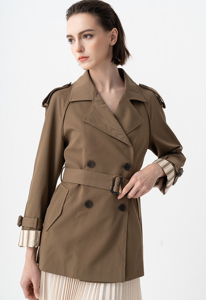 Choice Double Breasted Belted Trench Coat Khaki