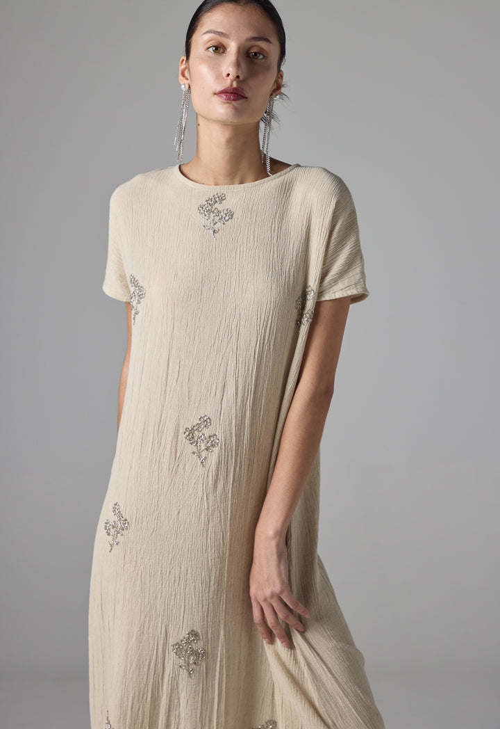 Choice Single Tone Crystal Embellished Maxi Dress - Ramadan Style Beige