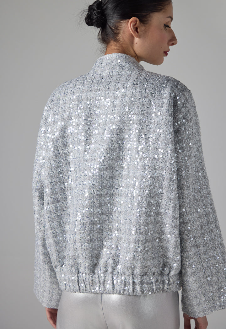 Choice Tweed Sequin Jacket With Front Pockets Grey