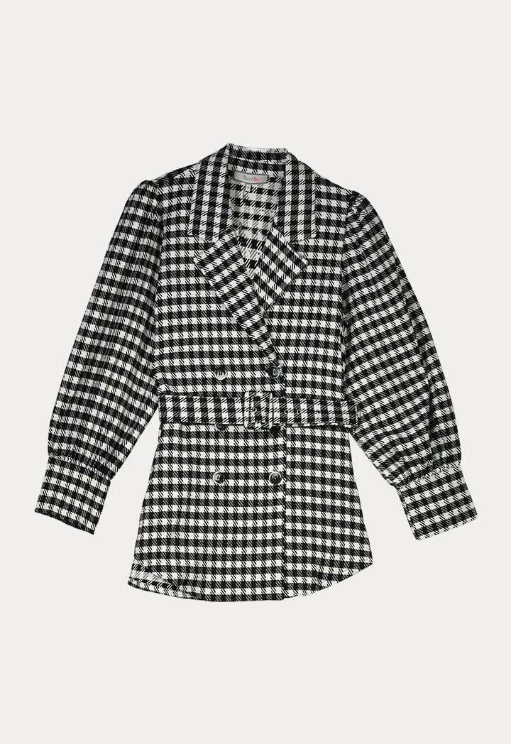 BERRIN Checked Notch Collar Double Breasted Belted Jacket BLACK