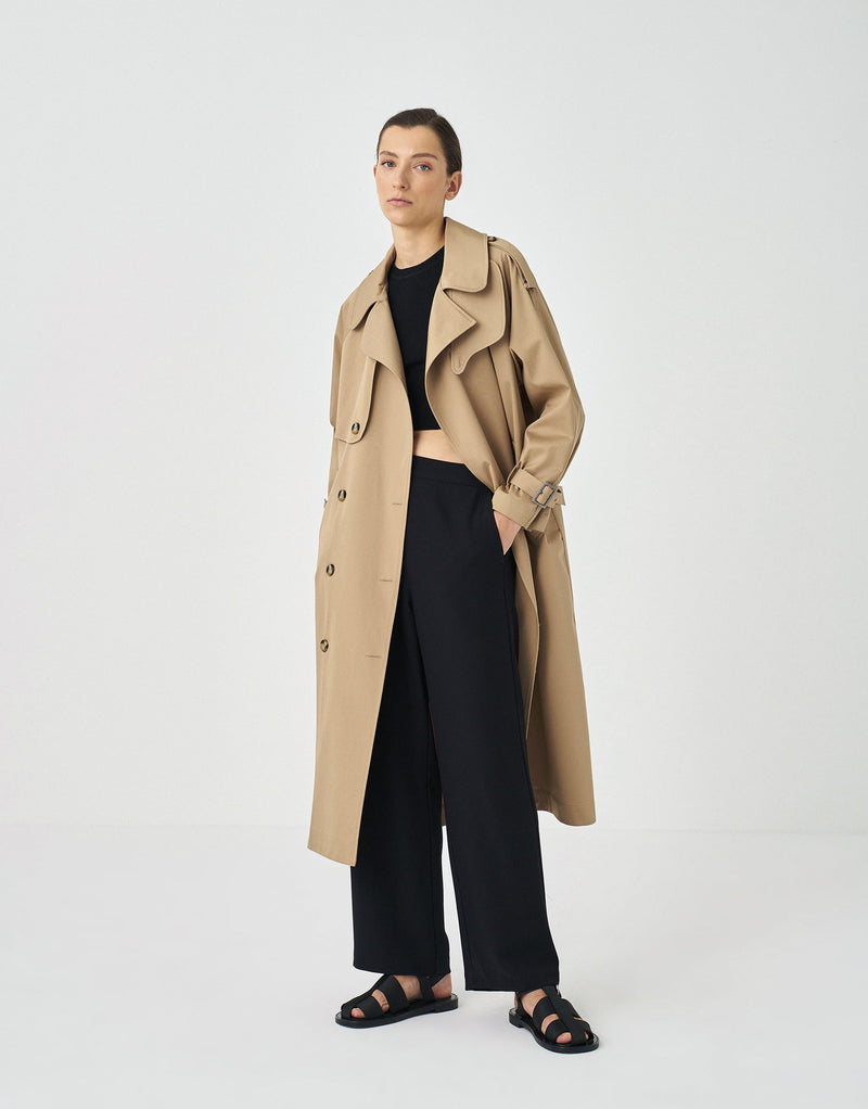 Kk Design Elegant Long Solid Trench Coat Camel