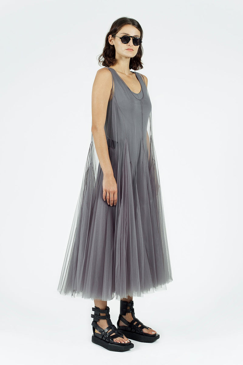 Nu Allover Tulle Sleeveless Midi Dress Foggy