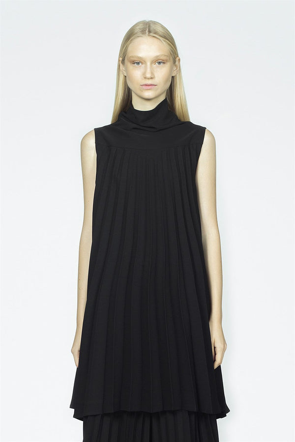 Nu Sleeveless High Neck Pleated Dress Black