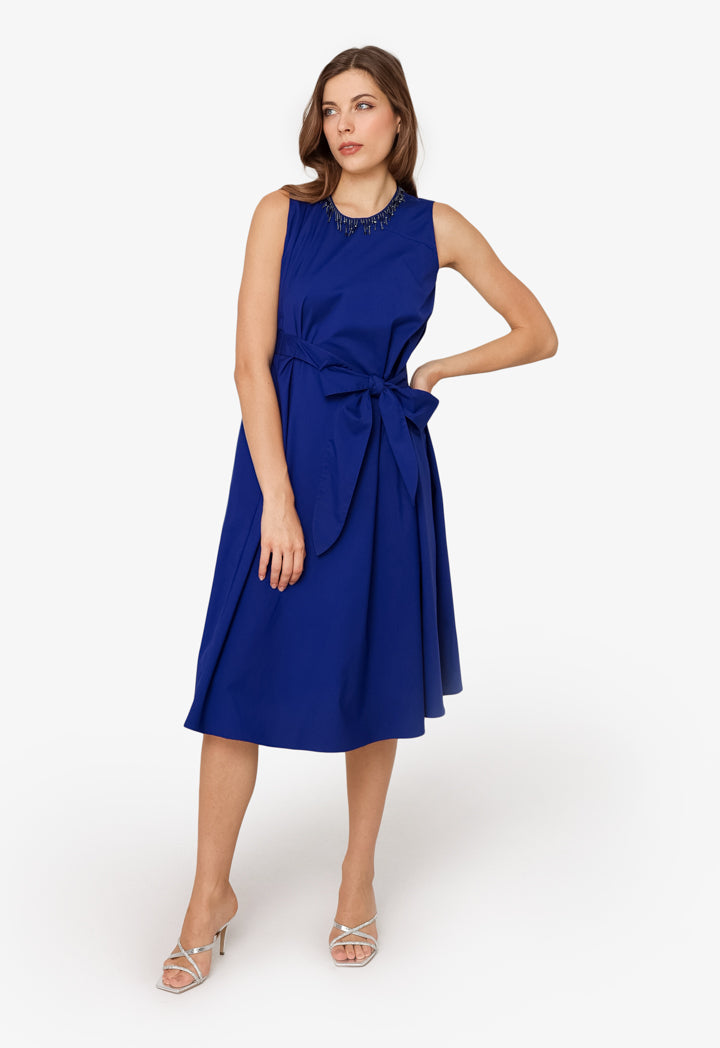 Machka Jewel Neck Belted Dress Navy Blue