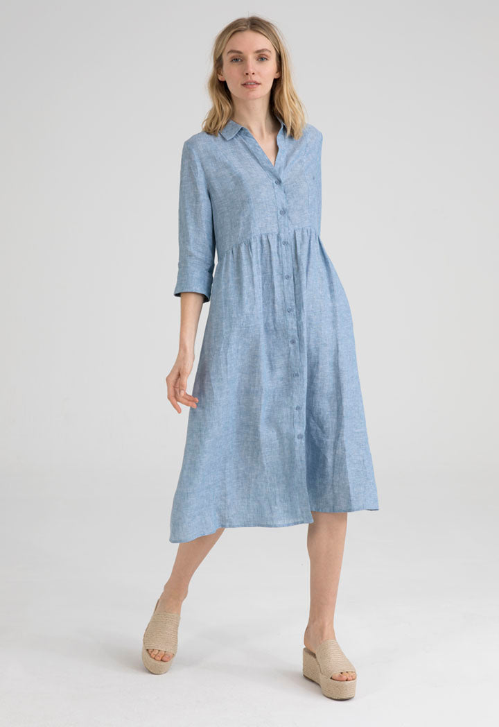 UNQ Long Sleeve Belted A-Line Midi Dress BLUE