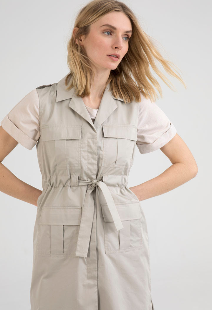 UNQ Sleeveless Four Pocket Tie Waist Midi Shirt Dress BEIGE