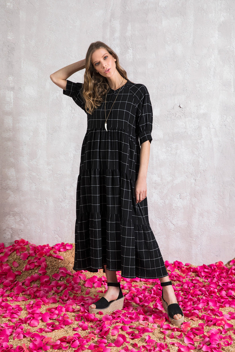 BERRIN Checkered Tier Maxi Dress BLACK