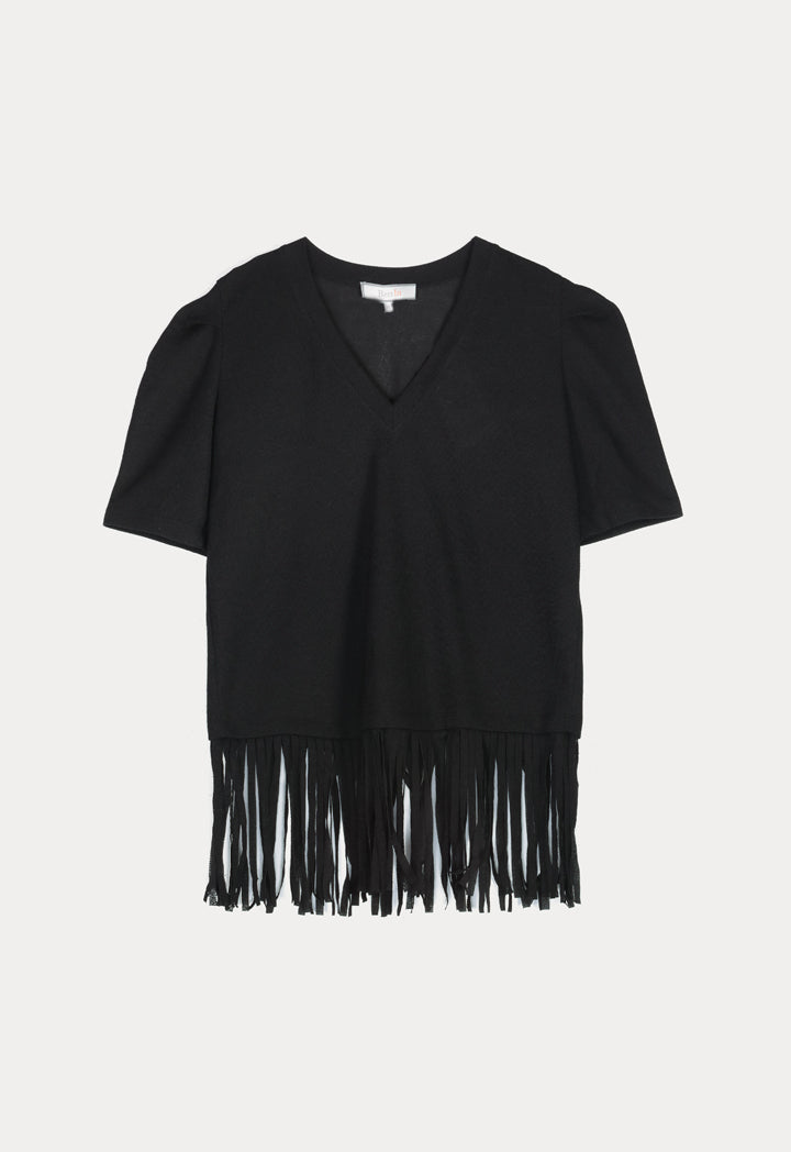 BERRIN Short Sleeve Fringe Hem Knit Sweater BLACK