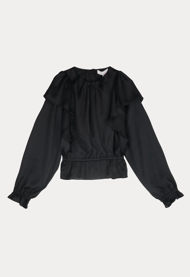 BERRIN Round Neck Ruffle Long Sleeve Blouse BLACK