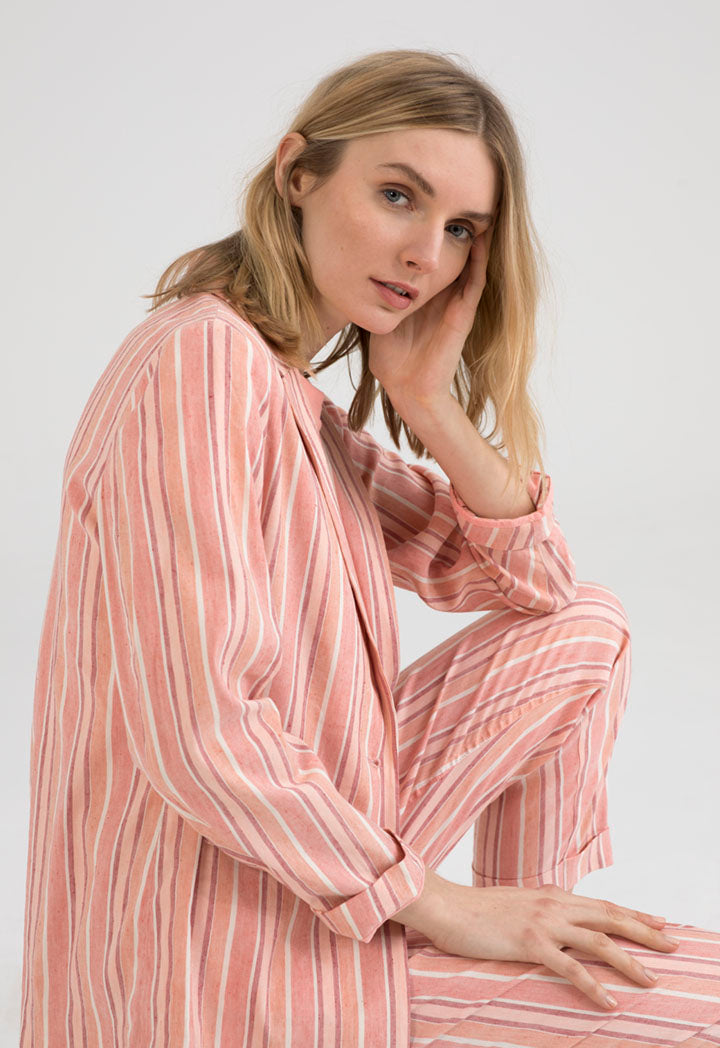 UNQ Linen Striped Notched Collar Single Breasted Jacket PINK