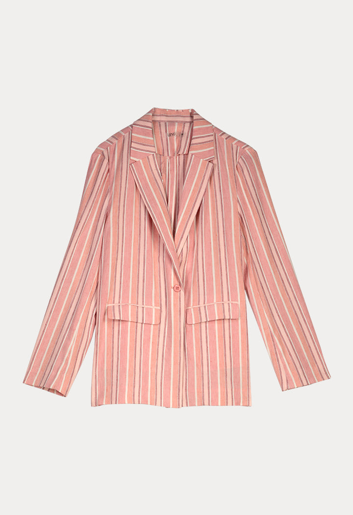 UNQ Linen Striped Notched Collar Single Breasted Jacket PINK