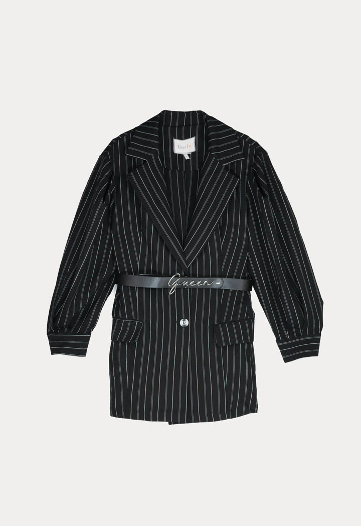 BERRIN Striped Notch Collar Single Breasted Belted Jacket BLACK