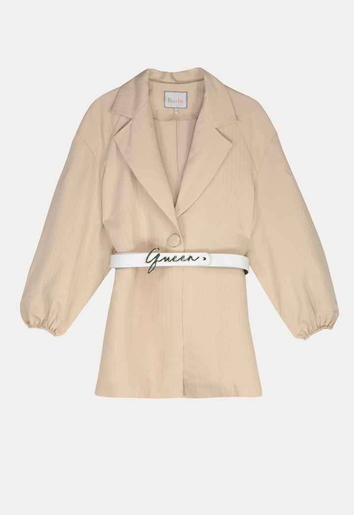 BERRIN Striped Notch Collar Single Breasted Belted Jacket BEIGE