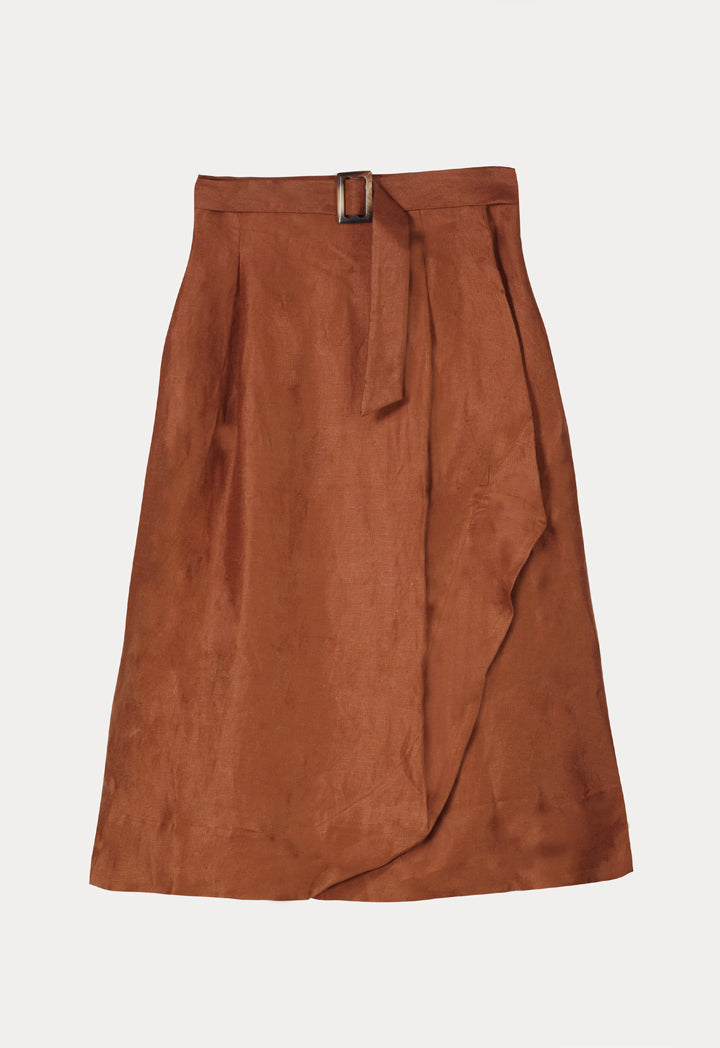 Apanage Linen Overlap Belted A-Line Skirt Brown