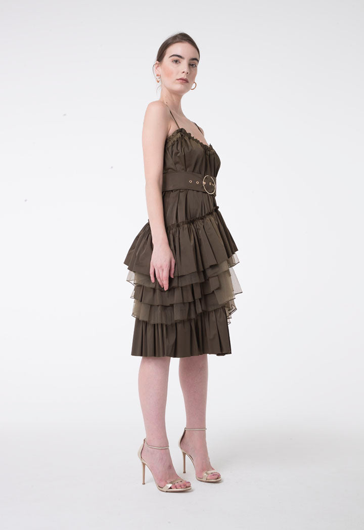 Nocturne Spaghetti Strap Belted Dress Khaki