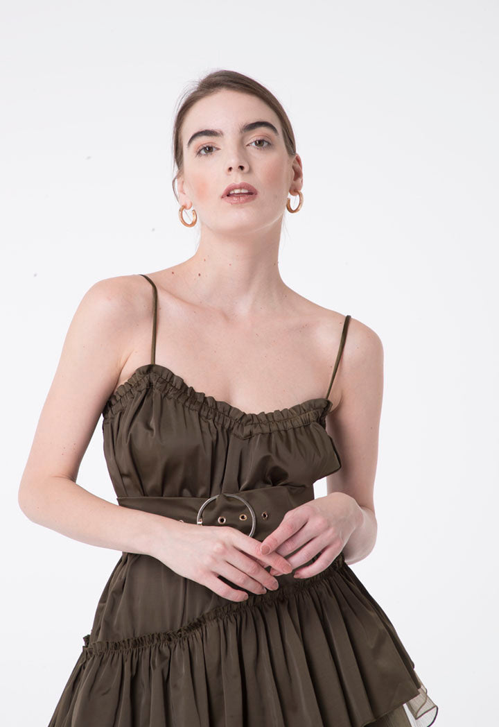 Nocturne Spaghetti Strap Belted Dress Khaki