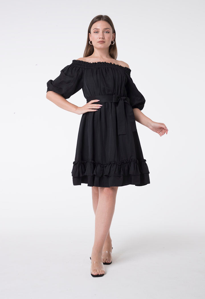 Nocturne Short Sleeve Off Shoulder Belted Layered Hem Short Dress Black