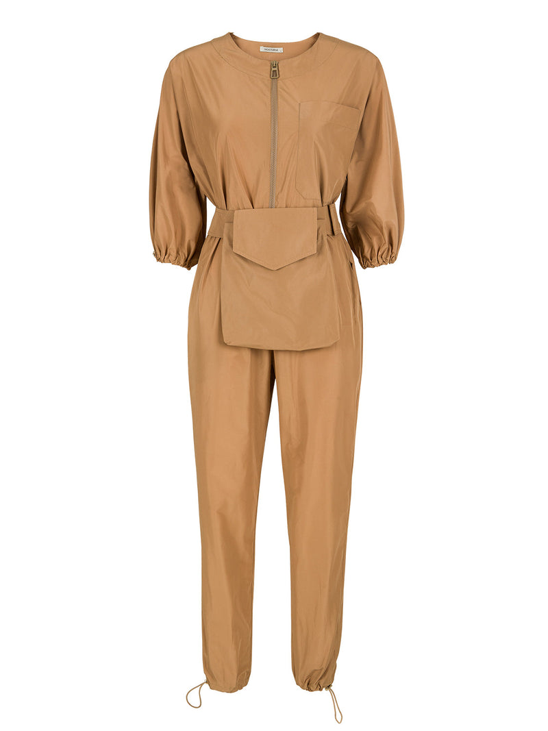 Nocturne 3/4 Sleeve Bag Belted Slit Fit Jumpsuit Beige