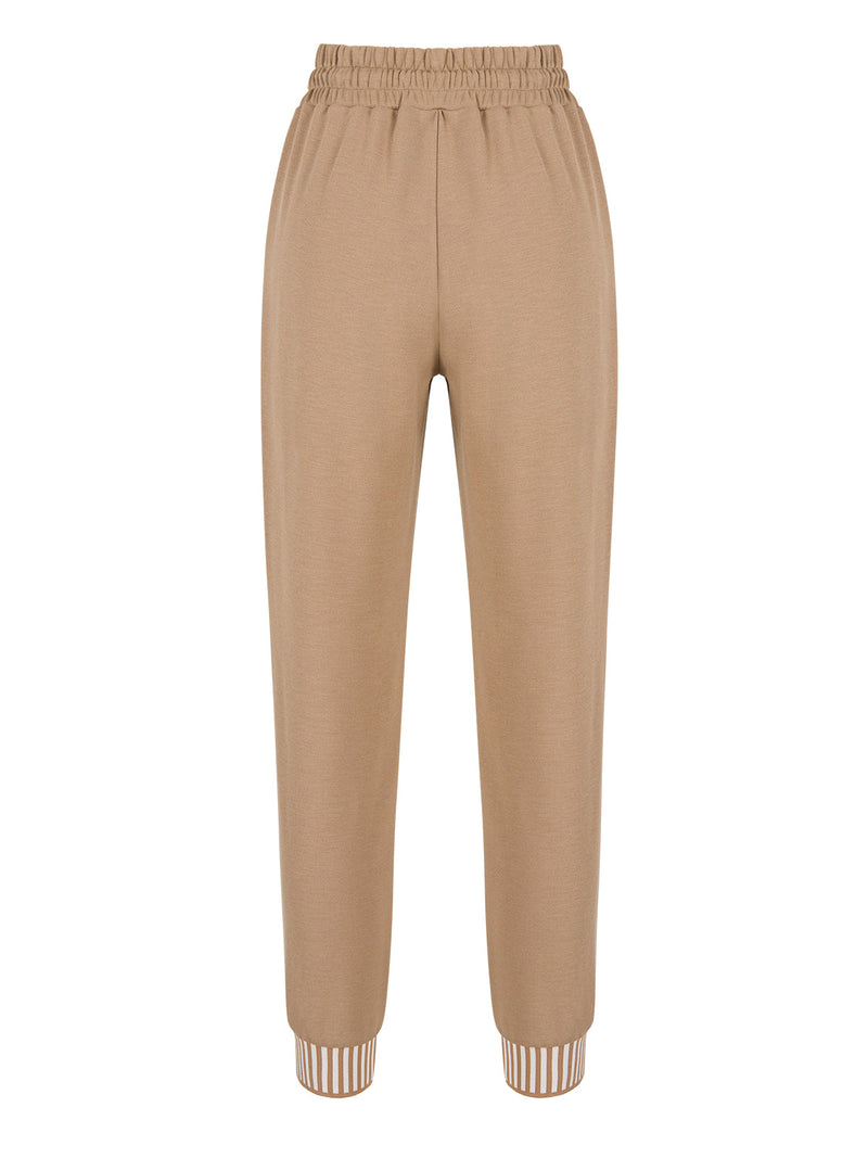 Nocturne High Waist Drawstring Rib Detail Hem Trouser Beige