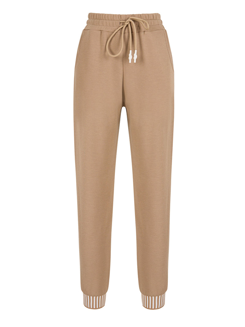 Nocturne High Waist Drawstring Rib Detail Hem Trouser Beige