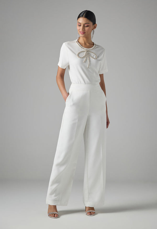 Choice Solid Crystal Embellished T-Shirt Off White