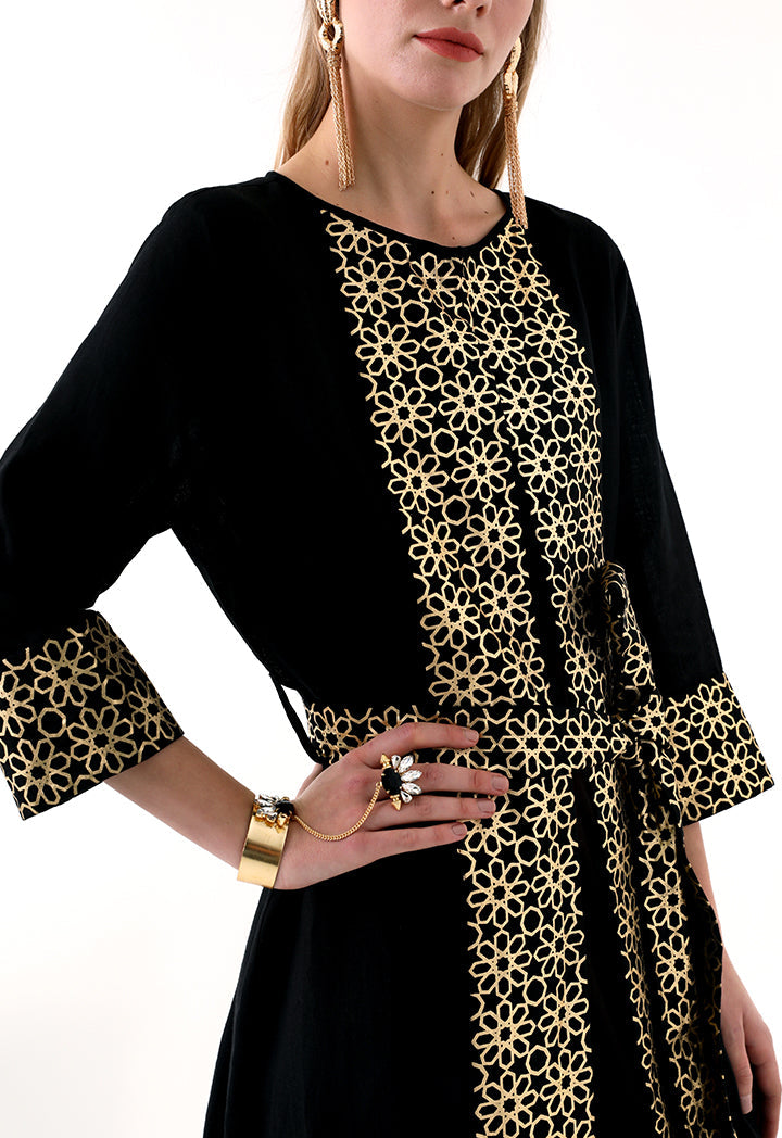 Choice Geometric Gold Print Abaya  Black - Wardrobe Fashion