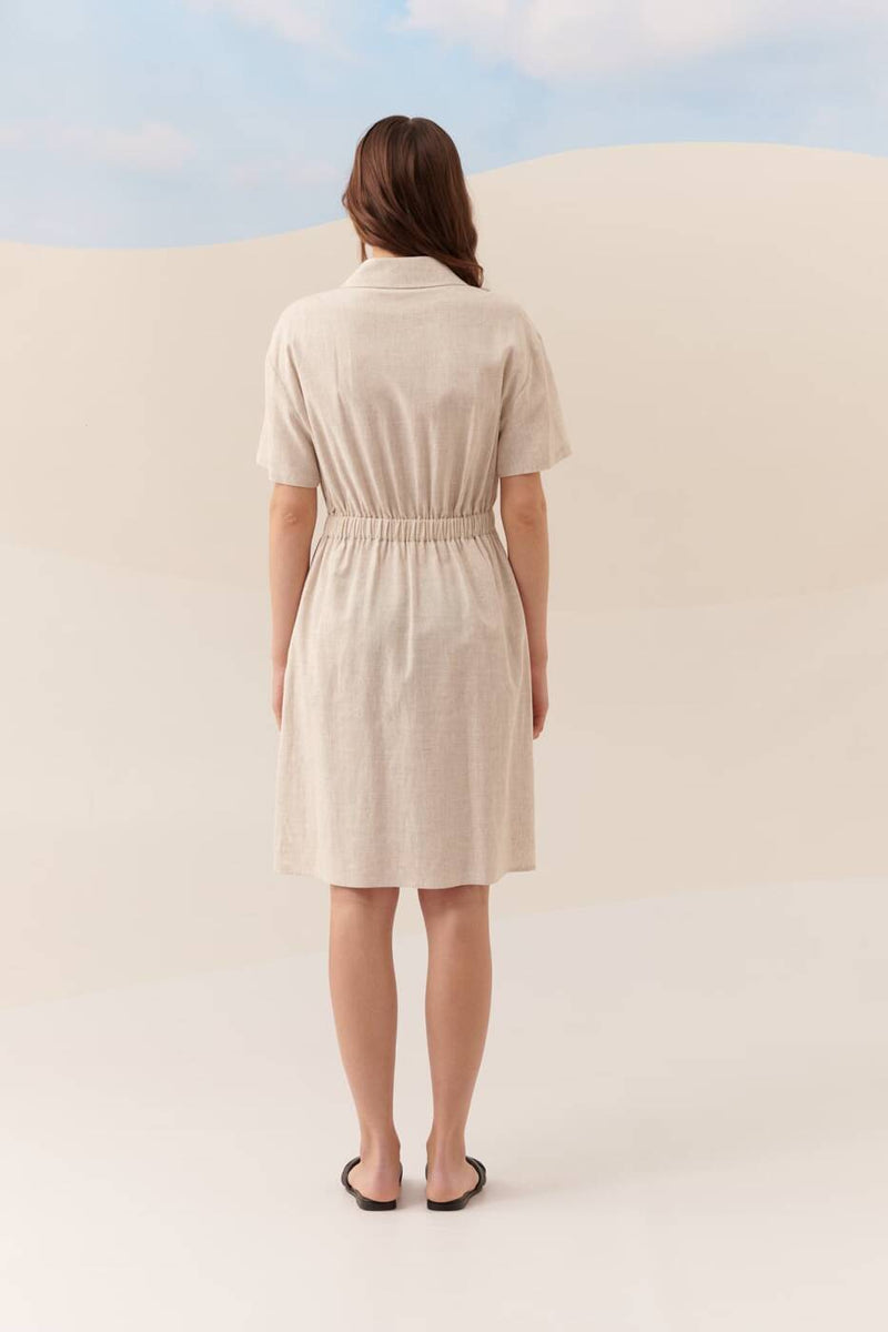 Roman Belt Detailed Linen Dress Natural