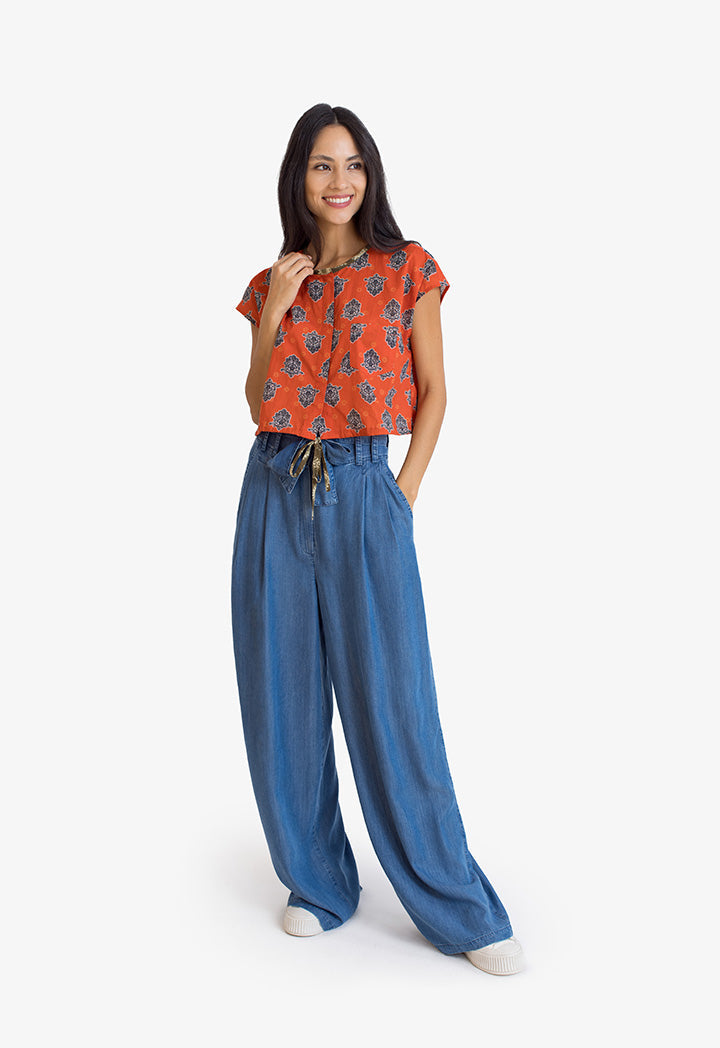 Roman Belt Detail Wide Leg Trousers Navy Blue