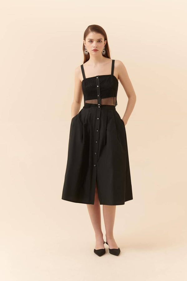 Roman Stone Buttoned Pleated Skirt Black