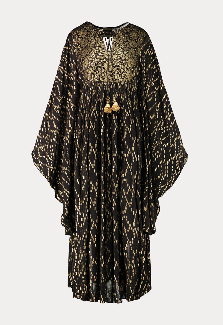 Choice Tassel Tie Neck Kaftan Dress Black - Wardrobe Fashion