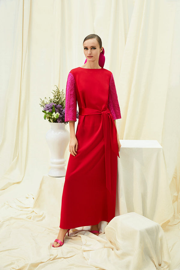 Choice Dual Fabric Long Dress Red - Wardrobe Fashion