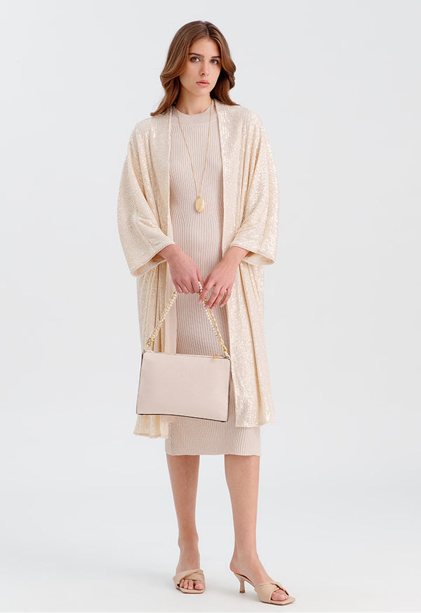 Choice Front Open Midi Sequenced Kimono Beige