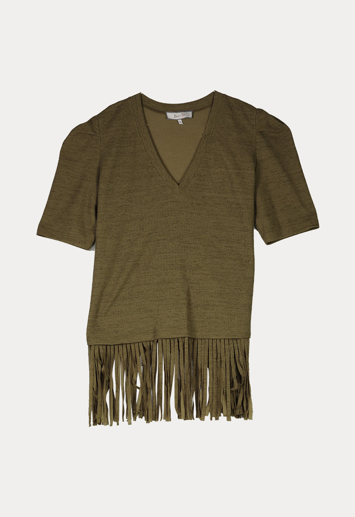 BERRIN Short Sleeve Fringe Hem Knit Sweater KHAKI